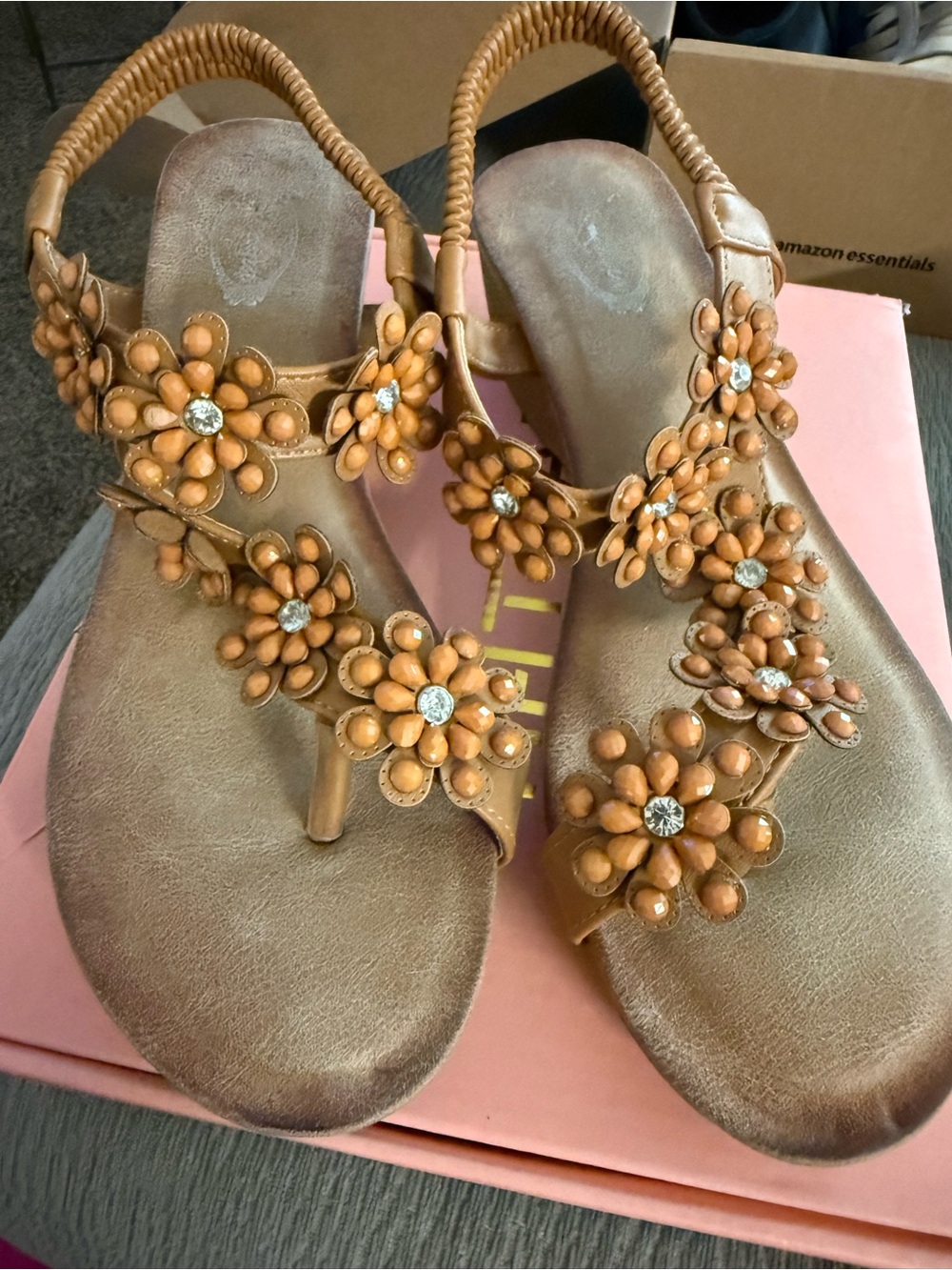 Women’s Floral Embellished Slingback Sandals in Tan